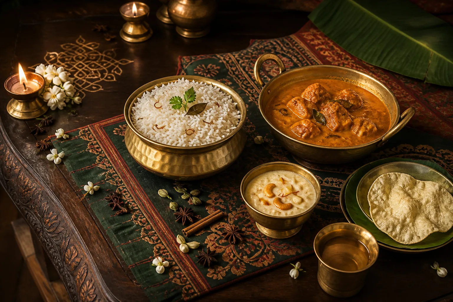 A traditional Indian dining table with aromatic rice, curry, dessert and brass lamps